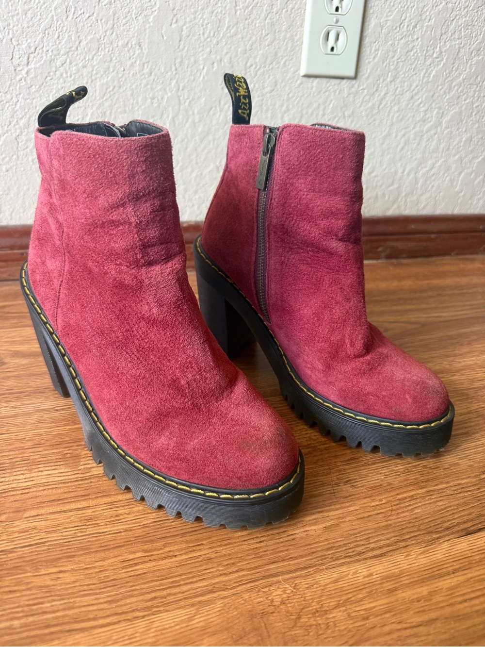 Dr. Martens Magdelena Burgundy Suede Platform Ankle Boots with Side Zip